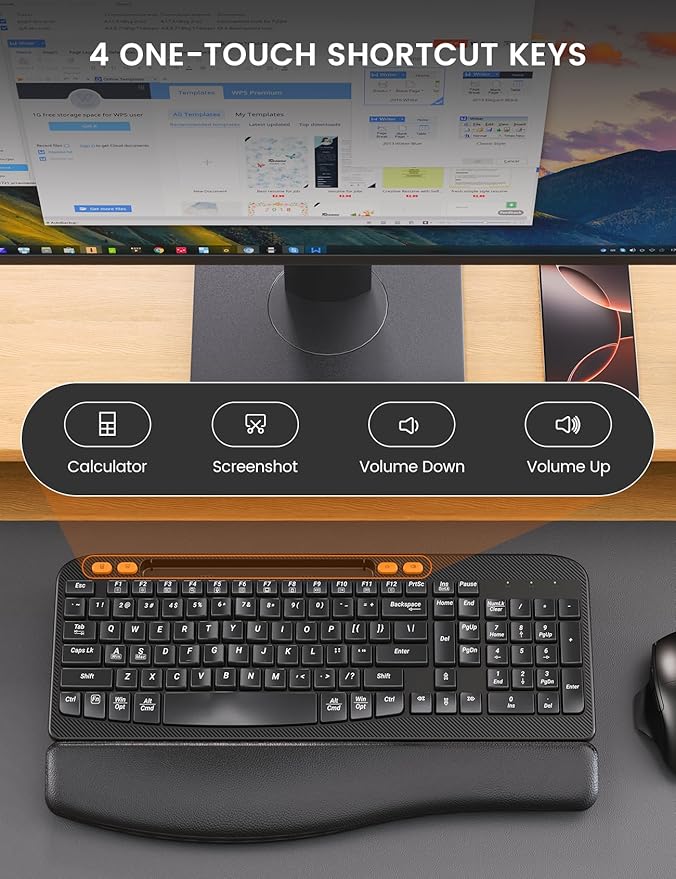 Wireless Keyboard and Mouse Combo, Ergonomic Wave Keys, Cushioned Palm Rest, Rechargeable, Phone Holder, Natural Typing, 2.4G Lag-Free, MA22 Plus Full Size Keyboards Set for Windows/Mac -SABLUTE