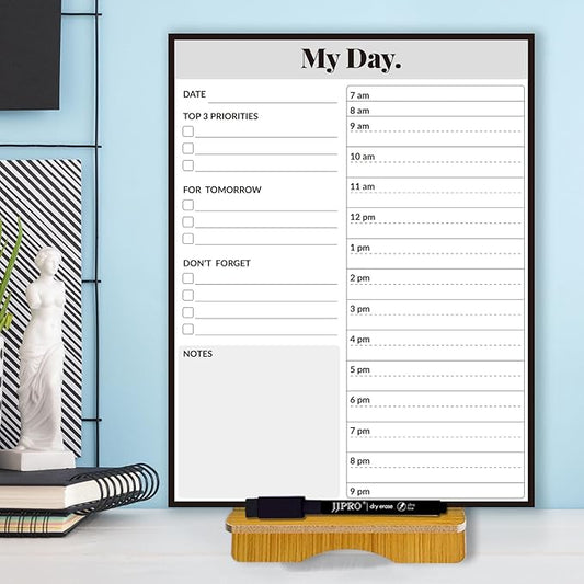 JJPRO Reusable Desktop Daily Planner with Stand,Hourly Dry Erase Board,11"x8.5"Schedule Board,Dry Erase Time Schedule with Time Slots, Desk Hourly Dry Erase Board w/Engineered Wood Stand