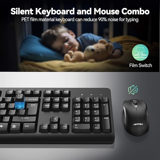 TECKNET Wireless Keyboard and Mouse Combo, Full-Size Ergonomic Keyboard & Optical Mouse, Low-Noise Typing & Clicking,Long Battery Life,Spill-Resistant,2.4G Lag-Free USB Receiver for PC,Laptop,Computer