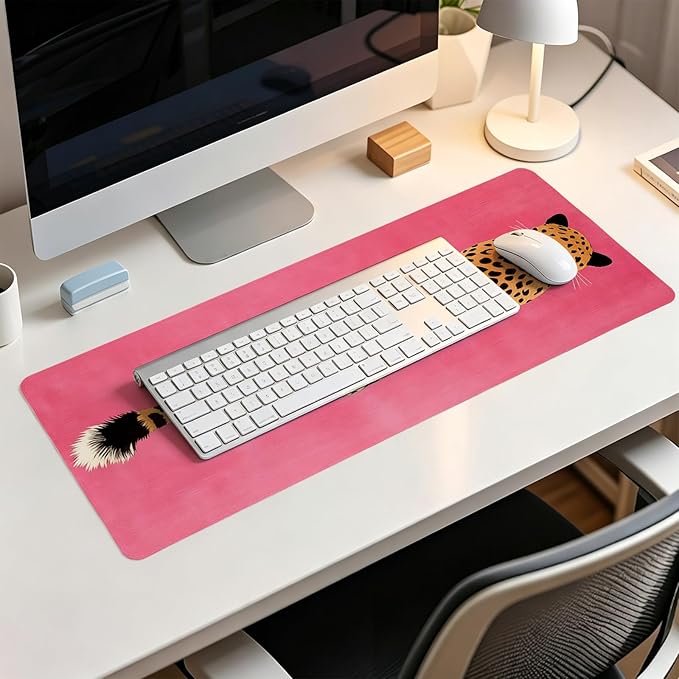 Pink Boho Cheetah Decor Desk Mat,XL Large Bold Leopard Animal Mouse Pad,Vibrant Retro Pop Art Cat Mousepad for Home Office Dorm Desktop Decor,31.5x11.8 Inch