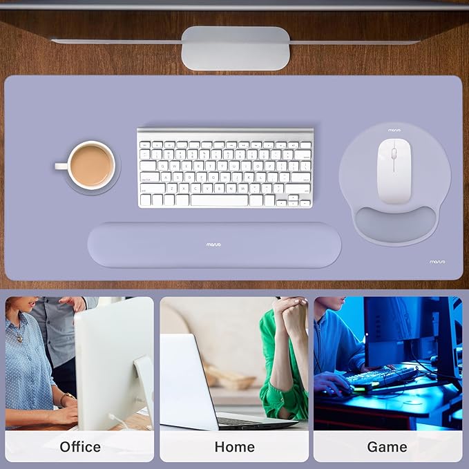 MOSISO Wrist Rest for Keyboard Mouse Pad Set, Large Gaming Deskpad&Circle Curved Mousepad&Keyboard Wrist Rest&Coaster, Ergonomic Non-Slip Mousepad&Easy Typing Pad with Silicone Lining, Lavender Gray