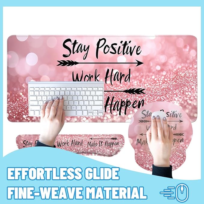 Motivational Quote Mouse Pad Set Stay Positive Work Hard Pink Gaming Mousepad 4in1 Desk Mat for Desktop Wrist Support Cup Coaster Set Ergonomic Computer Desk Arm Wrist for Decor Home Office