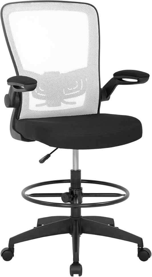 BestOffice Drafting Chair Tall Office Chair Adjustable Height with Lumbar Support Arms Footrest Mid Back Standing Desk Chair with Swivel Rolling Mesh Stool White