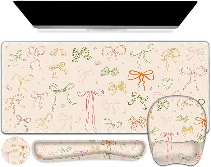 Apricot Mouse Pad with Wrist Support 4 in1 Set, XXL Big Game Mousepad + Keyboard Wrist Rest + Mouse Wrist Rest Pad +Coaster Gaming Mat for Home Office Work Computer I Colorful Cute Girl's Bow