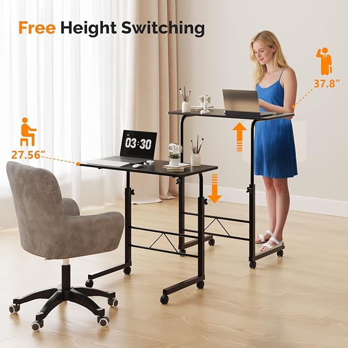 FCH Computer Workstation, Standing Desk Adjustable Height, Small Computer Desk w/Rolling, Sit Stand Laptop Desk TV Tray Computer Workstation for Bed Sofa Hospital Reading Eating, 31.5", Black