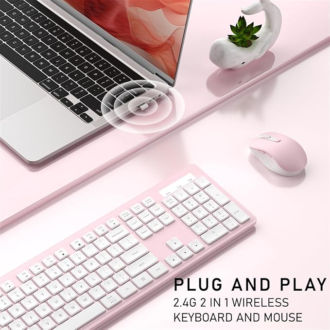 Wireless Keyboard and Mouse, 2.4GHz Cordless Keyboard Mouse Combo, Optical Mouse, Plug and Play USB Receiver, Compatible with Windows, Mac, Laptop, and PC（White Pink）