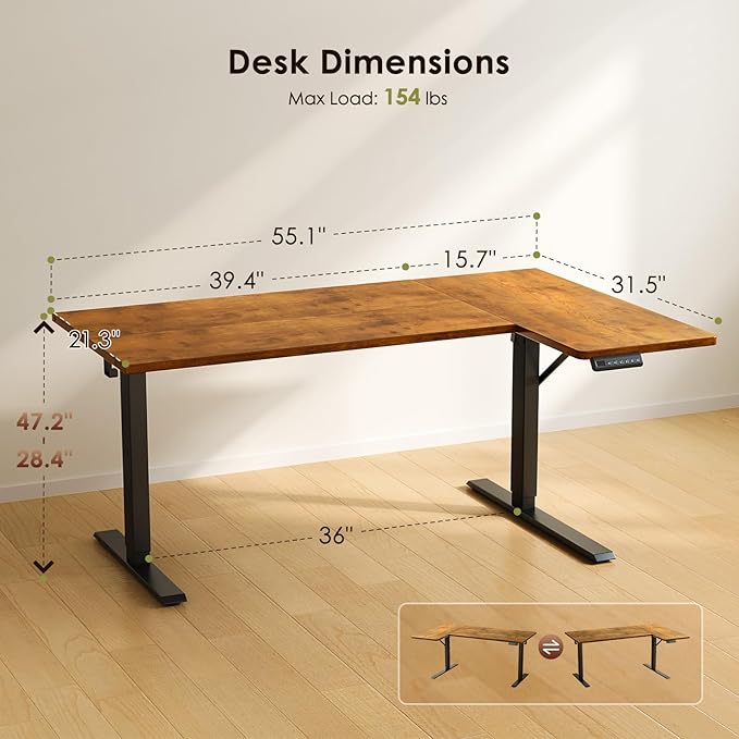 OffiGo Electric L Shaped Standing Desk, 55 Inches Height Adjustable Table, Reversiable Corner Stand Up Desk, Lifting Computer Table for Home Office, Computer Workstation, Rustic Brown