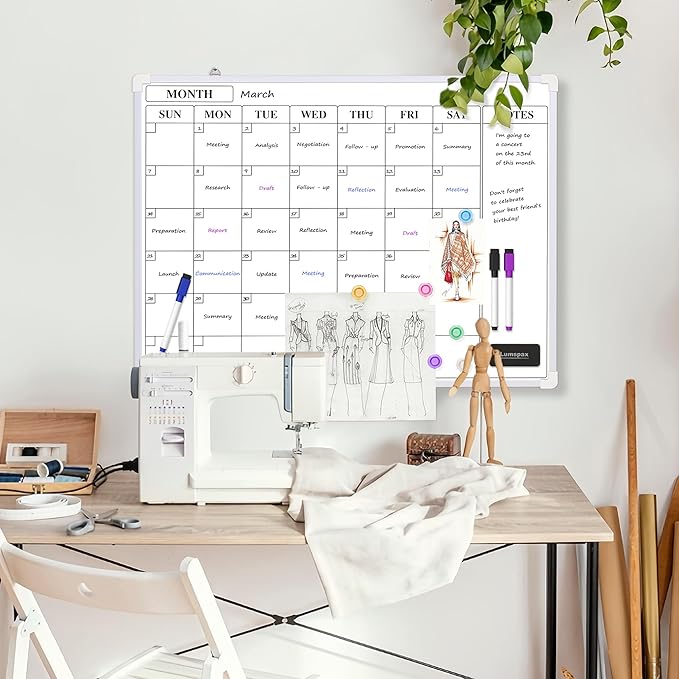 Monthly Whiteboard Calendar for Wall, 24" x 18" Dry Erase Board with Plastic Frame, Hanging Dry Erase Calendar with 3 Mini Sticky Notes for Kitchen Planner, Memo, Home and Office, White