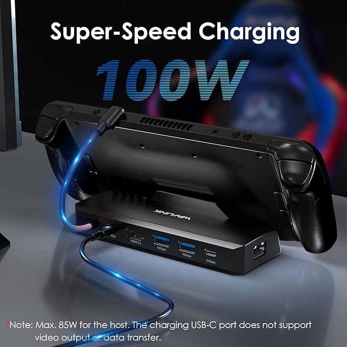 Steam Deck Dock, WAVLINK 6-in-1 Docking Station for Steam Deck/ROG Ally with 4K@144Hz HDMI 2.1, 100W PD in, 3X 10G USB 3.2, Gigabit RJ45