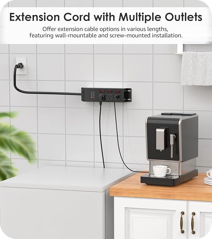 CCCEI 3 Outlet Heavy Duty Surge Protector Power Strip 20 Amp Individual Switches. 12 Gauge Extension Cord, Overload, Ground Protection. Garage Wall Mount Electric Extender, 25FT, Black.