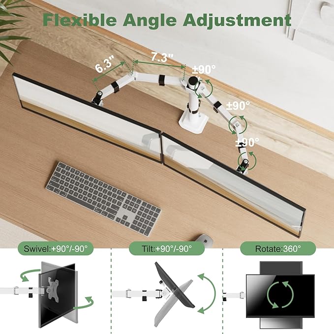 Dual Monitor Mount Stand for Two 17"-32" Flat/Curved Computer Screens, Fully Adjustable Dual Monitor Arms Hold up to 17.6lbs, VESA 75x75/100x100mm, C-Clamp/Grommet Base, White
