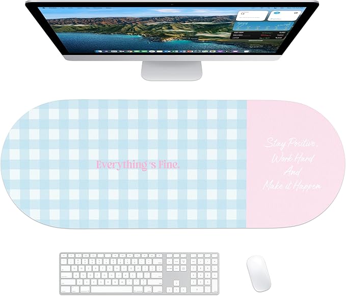 Checkered Pattern Desk Pad Protector, 35.5 x 13'' Aesthetic Mouse Mat for Desktop, Waterproof PU Leathe Non-Slip Desk Writing Pad for Office and Home, Blue and Pink