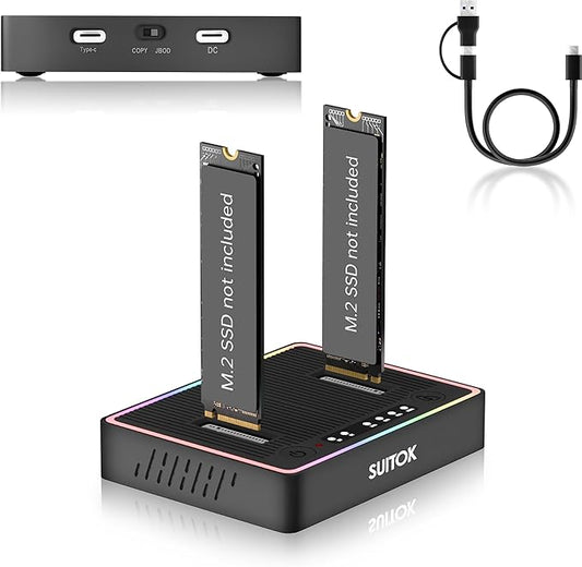 M.2 Duplicator Cloner Dual-Bay Offline USB C to NVMe SATA Dock Station, 20Gbps M2 Reader for Both (M Key, B+M Key) PCIE NGFF Docking, Size for 22110 2280 2260 2242 2230 Enclosure - STK03