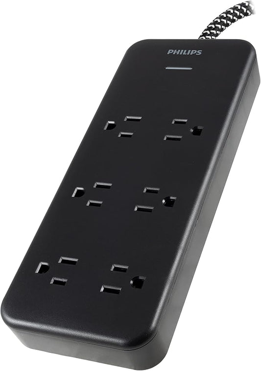 Philips 6-Outlet Surge Protector, 8 Ft, Braided Cord, 1080 Joules, Adapter-Spaced, Black, SPC6066BB/37