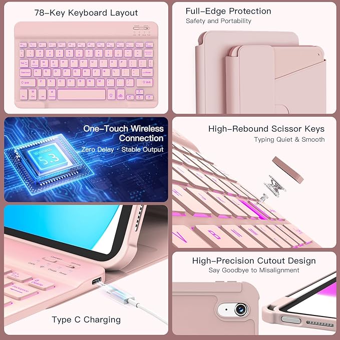 for iPad 11th(A16, 2025)/10th Generation Case with Keyboard, 360° Rotatable Case & Detachable Backlit Keyboard, Precision Cutouts and Pen Holder for iPad A16 11''/10th 10.9'', Light Pink