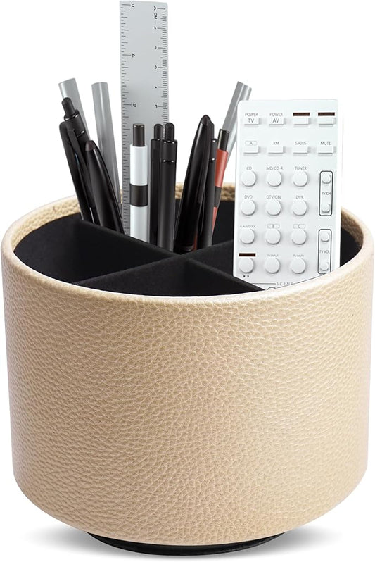 Hennaja Round Leather Art Supply Organizer,Remote Control Holder,360 Degree Spinning,Multi-Functional Pencil Holder,4 Compartments Desktop Stationary Organizer(1-Lichee Gold)