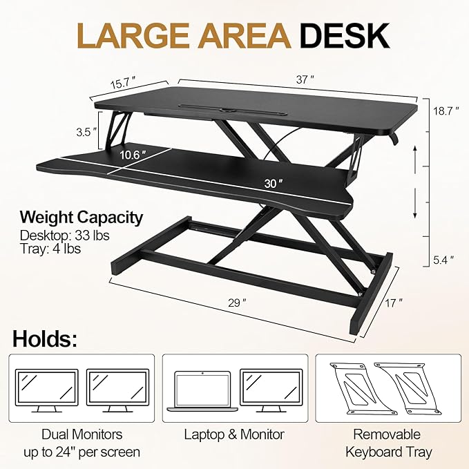 37" Stable Standing Desk Converter, Height Adjustable Sit Stand Up Desk Riser, Dual Monitor and Laptop Workstation with Wide Keyboard Tray Desk Lifter for Home Office, Black