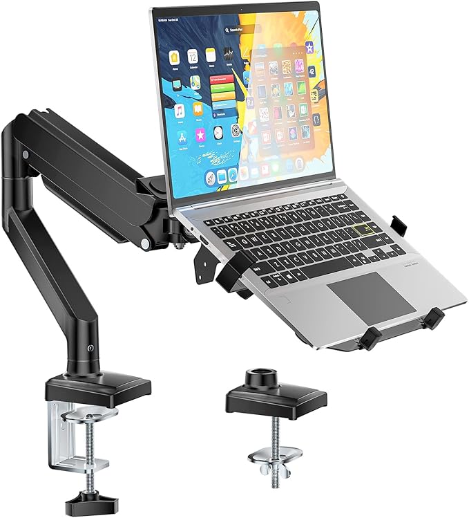 WALI Single Arm Laptop and Monitor Desk Mount for 17" Notebook and Single Screen, 2-in-1 Adjustable Gas Spring Monitor Arm with Laptop Tray, VESA 75x75 100x100,Holds 22-26.4 lbs, Black (GSMP001NLP)
