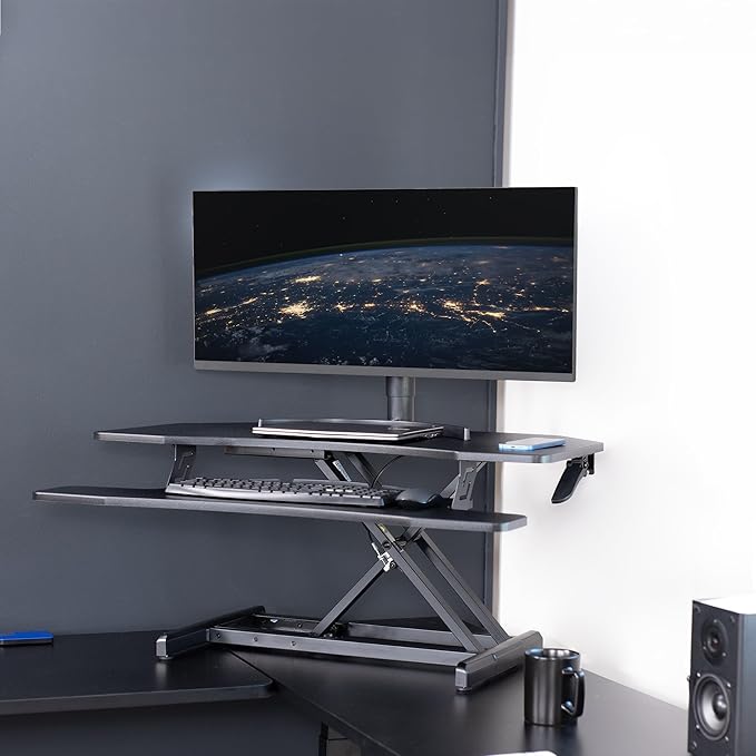 VIVO Corner Height Adjustable 38 inch Standing Desk Converter, Quick Sit to Stand Tabletop Dual Monitor Riser Workstation, DESK-V037MC