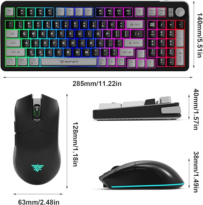 NPET Gaming Keyboard and Mouse Wireless with Tri-Mode, 98 Keys RGB Keyboard with Knob and Gaming Mouse, 12 Multimedia Keys for Wins, PC, Computer, Ideal for Gamer