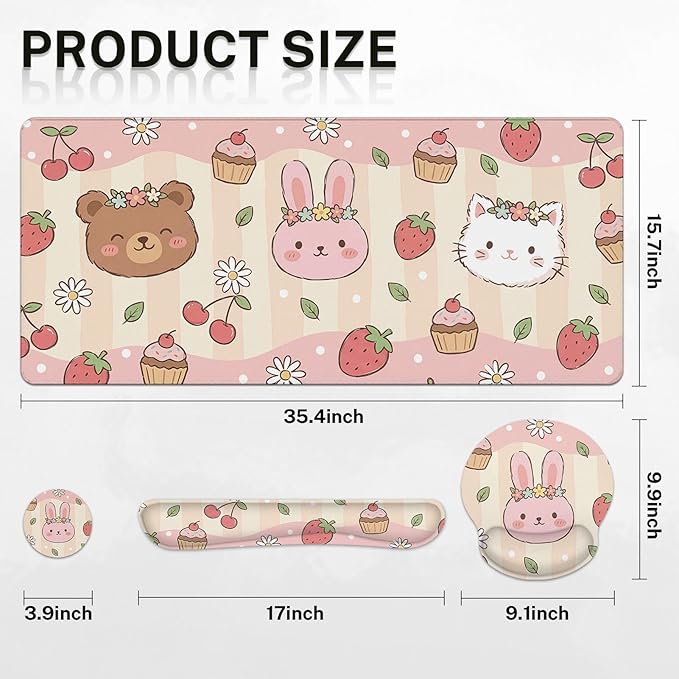 Arttown Kawaii Animal Desk Mat Strawberry Pink Mouse Pad Set 4 in 1 Ergonomic Design Large Mouse Pad + Keyboard Wrist Rest + Mouse Wrist Rest + Coaster Suitable for Home Office Study Game