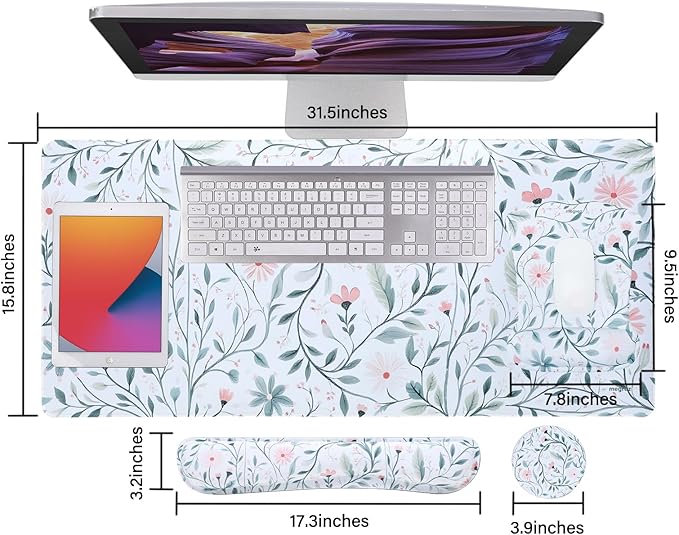 MEGREZ 4-in-1 Ergonomic Memory Foam Wrist Rest Set, Desk Pad, Mouse Pad with Wrist Rest, Keyboard Pad, Suitable for Office Workers, Programmers & Gamers–Relieve Typing & Gaming Fatigue, White Flower