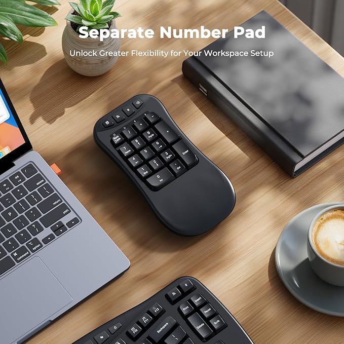 MEETION Ergonomic Keyboard with Separate Numeric Keypad, Wave Wireless Flexible 2-in-1 Setup for Multi-Device, 2.4G/Bluetooth Split Design with Wrist Rest for Accountants/Data Entry/Left-Handed