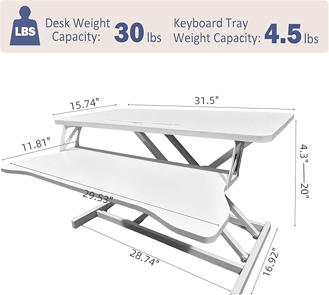 32 Inch Desk Converter, Height Adjustable Sit to Stand Riser, Dual Monitor and Laptop Workstation with Wide Keyboard Tray (Black) Xmas,Gift for Mother's Day (White)