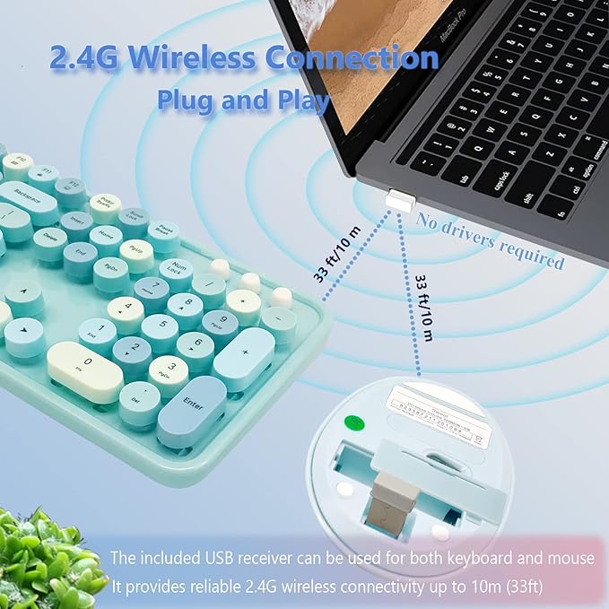 Wireless Keyboard and Mouse Combo, Ergonomic Cute Retro Typewriter Full Size Colorful USB Cordless Keyboard Mouse Set for Gaming and Office (Blue)