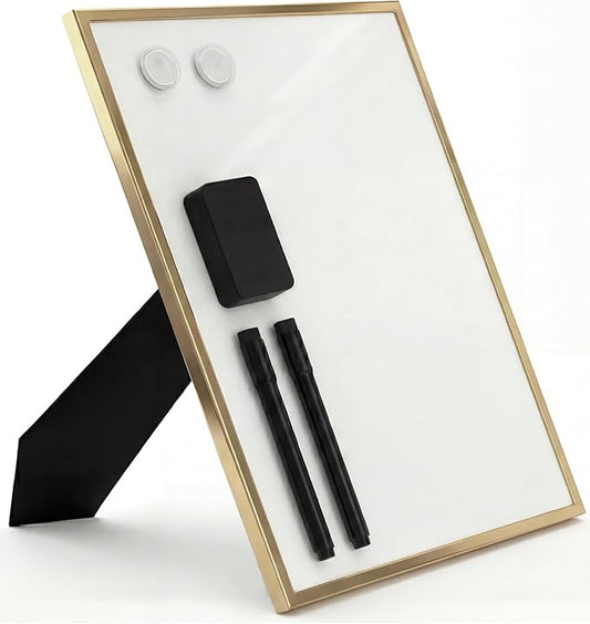 Small Whiteboard 12 x 16 Inch Magnetic Dry Erase Board with Stand & Wall Mount | Gold Aluminum Frame | Desktop Board for Home, Office, Reception, Events | 2 Markers, Eraser & 2 Magnets