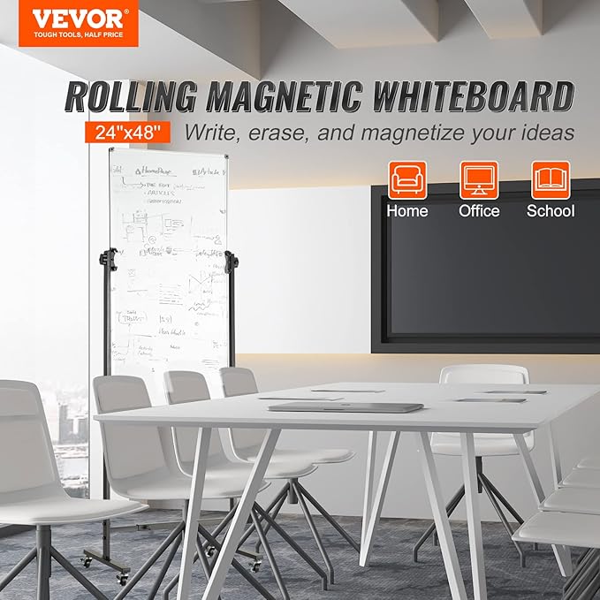 VEVOR Rolling Magnetic Whiteboard, Double-Sided Mobile Whiteboard 24x48 Inches, 360° Reversible Adjustable Height Dry Erase Board with Wheels & Movable Tray for Office School