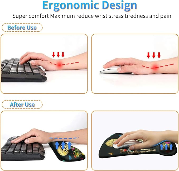 Ergonomic Mouse Pad with Wrist Support Gel Mousepads and Upgrade Keyboard Wrist Rest Pad Set, Coasters Non-Slip PU Base Mouse Mat for Office Gaming Computer Laptop, Flower Butterfly Skull