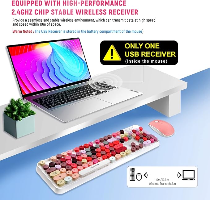 Wireless Keyboard and Mouse Combo - Cute Colorful Keyboard and Mouse, Retro Typewriter Keyboard with 2.4GHz Plug & Play, for Windows 11/10/7, Laptop, PC (White Color)