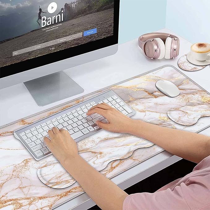 Keyboard Wrist Rest and Mouse Pad Wrist Support Set,Ergonomic Memory Foam Wrist Pad & Non Slip Base for Home Office Working Studying Easy Typing,Rose Gold Marble