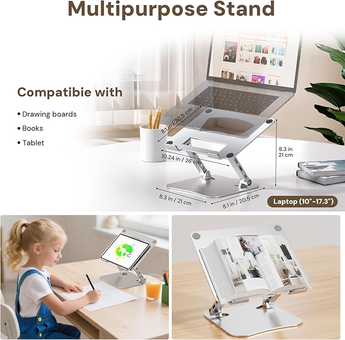 Laptop Stand for Desk – 2.5mm Aluminum Ergonomic Riser, Adjustable Height & Angle, Sturdy Yet Lightweight, Fits 10-17.3 Inch MacBook Pro/Air, Dell XPS, HP,Silver.