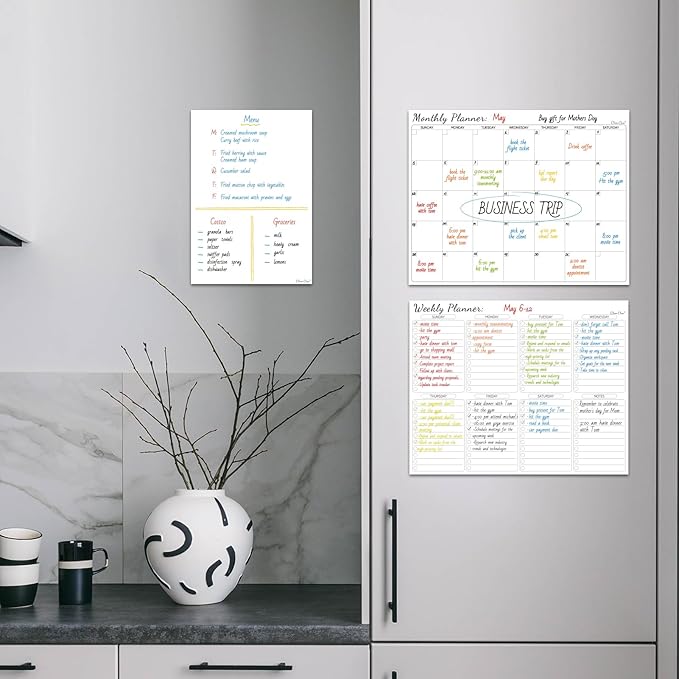 Non-Magnetic Dry Erase Calendar Set for Fridge - Reusable Monthly and Weekly Calendar Sticks to Most Smooth Surfaces - 6 Dry Erase Markers Included - Shipped Flat