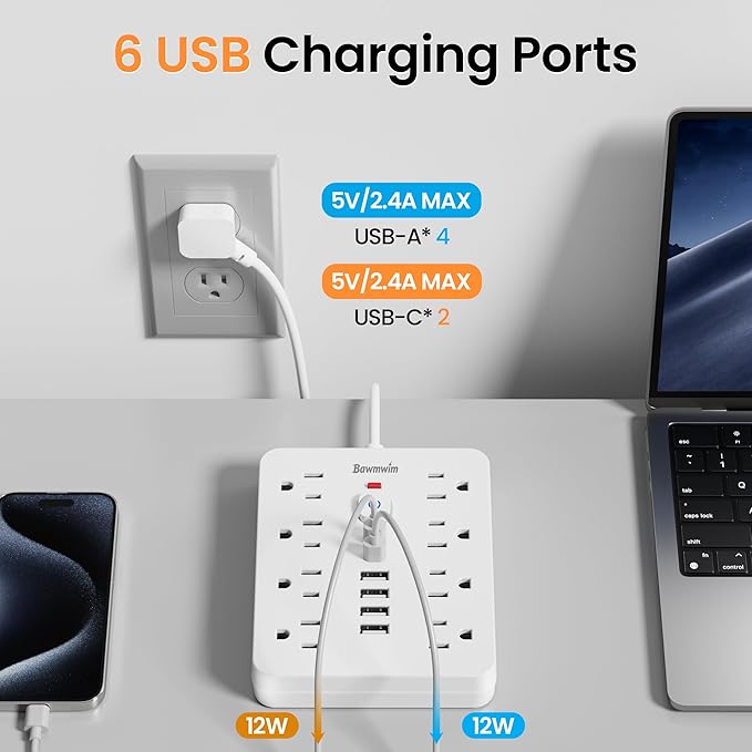 Surge Protector Power Strip - 8 Outlets(1250W/10A) 4 USB A（2 USB C, 10FT Flat Plug Extension Cord, Wall Mount Multi Plug Outlet Extender, ETL Listed for Home, Dorm Room