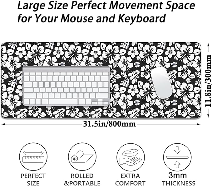 Black and White Flowers Desk Pad Mouse Pad,Large XL Floral Mouse Mat with Stitched Edges for Gift,Non-Slip Rubber Base Mousepad for Office PC Keyboard Laptop and Home Work Desk Mat(31.5X11.8 in)
