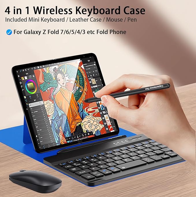 for Samsung Galaxy Z Fold 7 6 5 Keyboard and Mouse, Portable Mini Bluetooth Keyboard with Leather Case and Capacitive Pen, 4 in 1 Travel Set for Z Trifold Fold7 Accessories