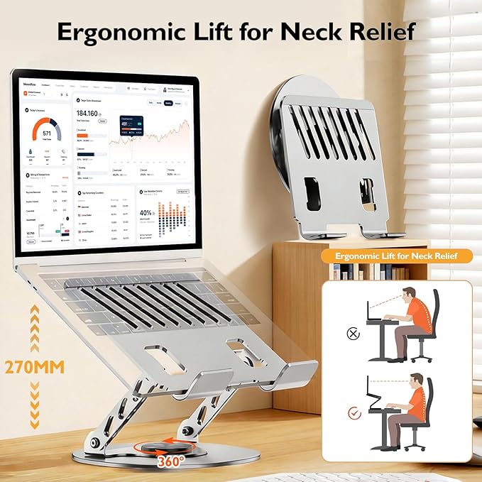 Laptop Stand for Desk - All-Metal Ergonomic Computer Stand & Laptop Riser, 360° Rotatable & Adjustable & Foldable, Laptop Holder for MacBook Pro/Air, Dell XPS, HP, Notebooks (10-17.3"), Gray