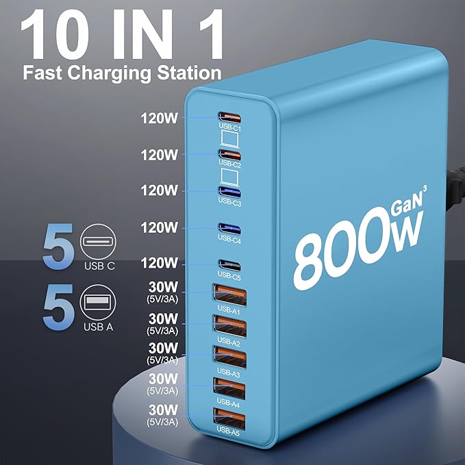 800W USB C Charger Block,10-Port Charging Station GaN Fast Charging Type C & USB A Wall Charger Adapter for MacBook Pro/Air,iPhone,iPad,Dell XPS,Samsung Galaxy(Blue)