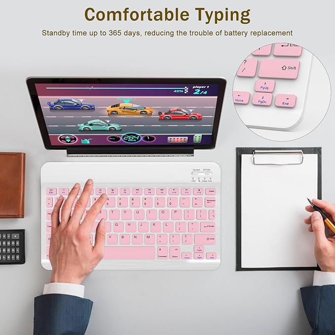 Rechargeable Bluetooth Keyboard and Mouse Combo, Universal Ultra-Slim Wireless Keyboard Mouse Set for Android Windows iPad iPhone Samsung Tablet Portable Compact Keyboard Set (Pink)