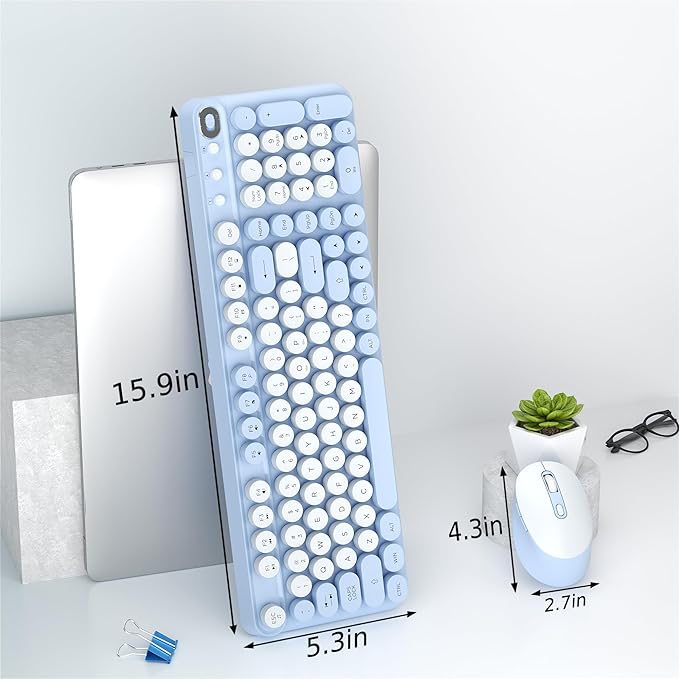 Wireless Keyboard and Mouse Combo, Full-Size Retro Typewriter Keyboard Style, 2.4GHz USB Receiver, Plug-and-Play, Keyboard Mouse Set for Computer, Laptop, Windows, Mac, and PC (Blue)