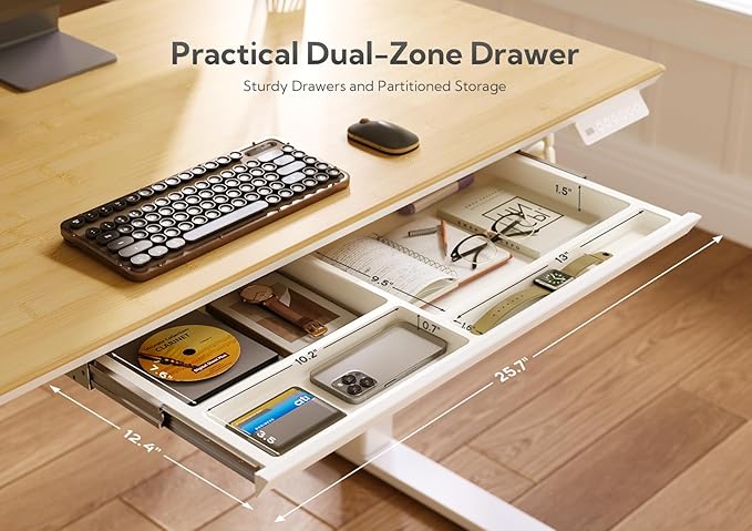 INNOVAR Bamboo Standing Desk with Drawers,55 Inch Adjustable Stand Up Desk,Quick Install Electric Home Office Stand Desks with Whole-Piece Board,Adjustable Height Computer Desks,White Frame/Bamboo Top