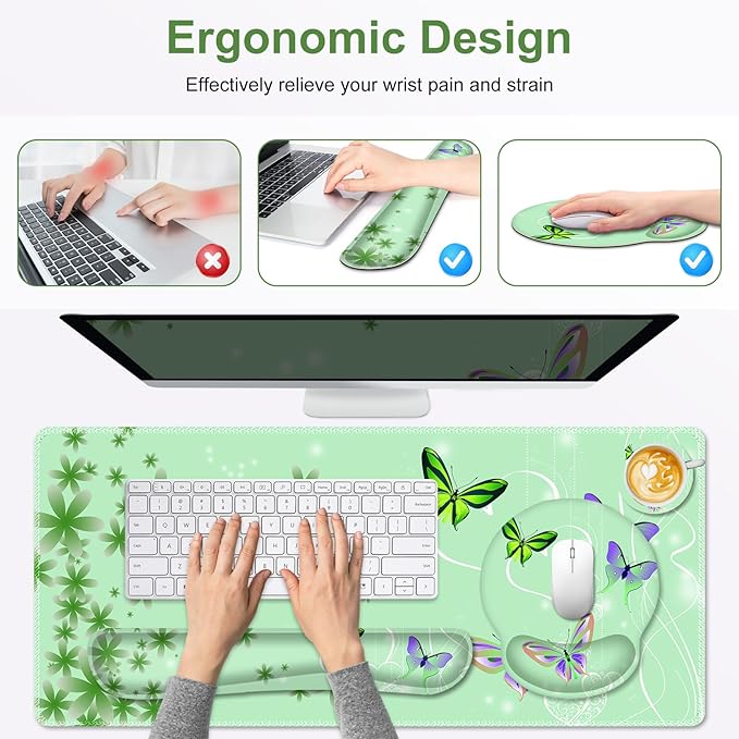 Mint Green Butterflies Florals Mouse Pad, XXL Large Desk Mat Extended Reading Desk pad, 4PCS Non-Slip Rubber Base Computer Big Mousepads for Work, Game, Office, Home Decor Cute Girls Woemn Gifts