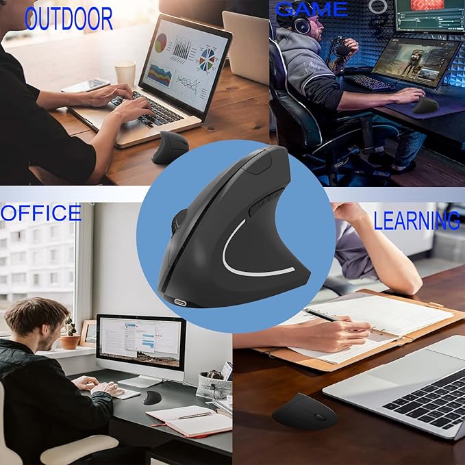 Vassink Ergonomic WirelessMouse, USB A+Type C(2 in 1) Connection, 800/1200/1600 DPI, 6 Silent Buttons, 2.4GHz Carpal Tunnel Rechargeable Vertical Mice, for Laptop, Desktop,MacBook-Black