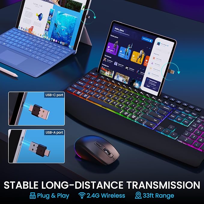 Wireless Keyboard and Mouse Combo - Dual System RGB Backlit Mouse and Keyboard,2.4G Rechargeable,Full-Sized Ergonomic Silent Design with Phone Holder for Windows Mac PC Laptop (Black-V1)