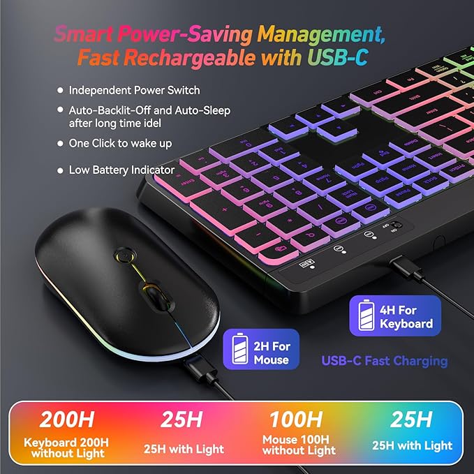 Wireless Keyboard and Mouse Combo With Backlit,2.4G Full Size Ergonomic Keyboard with Light Up Letters,Rechargeable and Slim RGB Mouse,Silent Click For Windows/MAC PC,Laptop,Chromebook,Surface,Macbook