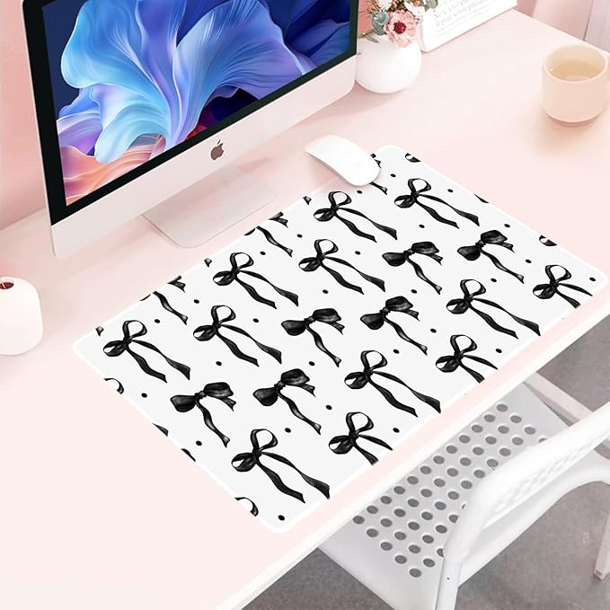 White Mouse Pad Black Bows, Cute Desk Mat Keyboard Pad for Computer Laptop Non-Slip Rubber Base, Stitched Edge, Black Office Pad Desk Accessories Girly Desktop Decor for Girls Women 23.6 x 11.8in