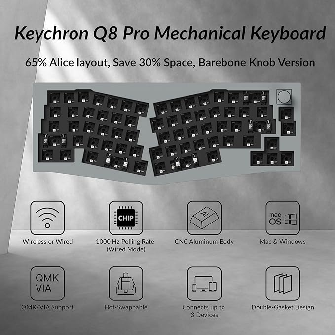 Keychron Q8 Pro QMK/VIA Programmable Custom Mechanical Keyboard, Wireless Bluetooth/Wired, 65% Alice Layout Ergonomic, Hot-Swappable, RGB Backlit Aluminum for Mac Windows Linux-Barebone Version